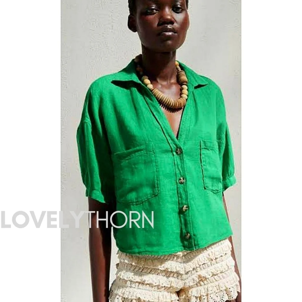 ZARA // kelly green chest pockets button down linen relaxed fit blouse - Picture 2 of 7